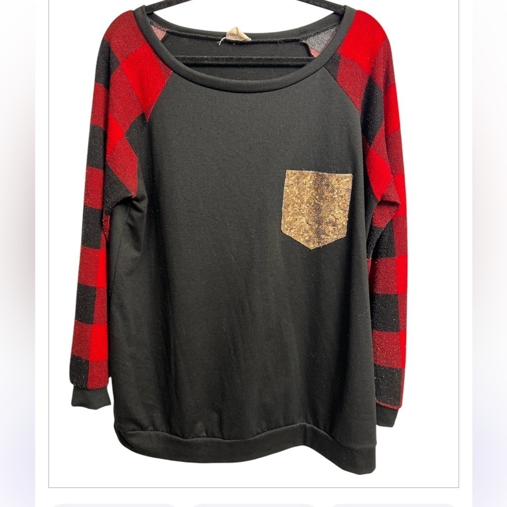 BiBi Sequined Pocket Plaid Tunic Top Large